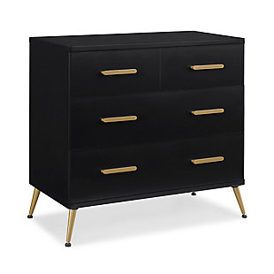 The fashionable and functional Sloane 4-drawer dresser offers plenty of storage space and is an attractive addition to your child's bedroom or nursery. Best of all, it is also a changing table. With sleek bronze-tone feet and drawer pulls, the contemporary design and neutral shades blend beautifully with most any color scheme or room decor. The removable changing top creates a perfect spot for diaper duty, and can be removed for a more grown-up space when diaper-changing days are over. To complete the nursery, pair this dresser with the Sloane 4-in-1 convertible crib.Wood frame with black finish | Removable changing top | Bronze-tone drawer handles and splayed feet | 4 spacious drawers for ample storage | Ul stability verified; tested to astm f2057 furniture safety standard | Includes wall anchor