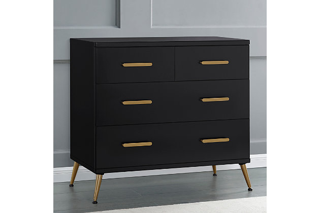The fashionable and functional Sloane 4-drawer dresser offers plenty of storage space and is an attractive addition to your child's bedroom or nursery. Best of all, it is also a changing table. With sleek bronze-tone feet and drawer pulls, the contemporary design and neutral shades blend beautifully with most any color scheme or room decor. The removable changing top creates a perfect spot for diaper duty, and can be removed for a more grown-up space when diaper-changing days are over. To complete the nursery, pair this dresser with the Sloane 4-in-1 convertible crib.Wood frame with black finish | Removable changing top | Bronze-tone drawer handles and splayed feet | 4 spacious drawers for ample storage | Ul stability verified; tested to astm f2057 furniture safety standard | Includes wall anchor