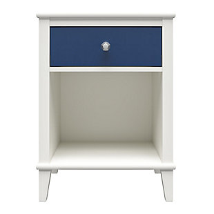 Have everything you need for bedtime in one place with the Little Seeds Monarch Hill Poppy Nightstand. Made of laminated particleboard, the classic white chassis is accented by the blue drawer front for a fun look. Two sets of drawer knobs are included so you can customize the look of the Nightstand. The durable metal drawer slides feature built in stops for safety. Place your child’s lamp and clock on the top surface and organize their favorite bed time stories in the open cubby so you have everything you need to tuck your little one in at night. The drawer is a convenient spot to store smaller items like reading glasses and writing utensils. The Nightstand meets or exceeds the CPSIA Juvenile testing requirements to ensure your child’s safety. The Nightstand ships flat to your door and requires assembly upon opening. Two adults are recommended to assemble. Once assembled, the Nightstand measures to be 26.8125”H x 19.6875”W x 15.0625”D. Little Seeds partners with the National Wildlife Federation’s Garden for Wildlife program to help save the monarch butterfly.Add a fun style to your child’s bedroom with the little seeds monarch hill poppy nightstand | Made of laminated particleboard, the blue drawer front with the classic white chassis gives the nightstand a unique look. Customize the look of the nightstand with the 2 sets of knobs that are included | Keep everything you need for bedtime organized on the top surface and lower open cubby and keep small items stored away in the drawer | Add a fun style to your child’s bedroom with the little seeds monarch hill poppy nightstand made of laminated particleboard, the blue drawer front with the classic white chassis gives the nightstand a unique look. Customize the look of the nightstand with the 2 sets of knobs that are included keep everything you need for bedtime organized on the top surface and lower open cubby and keep small items stored away in the drawer coordinate your child’s room with the entire monarch hill poppy collection (sold separately)