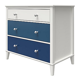 No one said that teaching your child to tidy up their room would be easy, but with the Little Seeds Monarch Hill Poppy White 3 Drawer Dresser with blue drawers, clean up time can at least be a bit more fun. Made of laminated particleboard, the classic white chassis of this adorable kids’ dresser is accented by the ombre style blue drawer fronts. We’ve also included two sets of drawer knobs with the Little Seeds Monarch Hill Poppy White 3 Drawer Dresser, so you can customize the dresser to coordinate with your personal style. Featuring durable metal drawer slides with built in stops for safety, the 3 dresser drawers offer plenty of space to hold your child’s clothing. If your little one is still in diapers, you can convert the kids’ dresser into a 3 drawer changing dresser by adding the Little Seeds Changing Table Topper (sold separately). Simply remove the topper when your child outgrows it to convert the changing dresser back to a kids’ dresser. The Little Seeds Monarch Hill Poppy White 3 Drawer Dresser with blue drawers meets or exceeds the CPSIA Juvenile testing requirements and includes a wall anchor kit to ensure your child’s safety. Little Seeds not only creates this and many more on trend kids’ and baby furniture pieces, we also partner with the National Wildlife Federation’s Garden for Wildlife program to help save the Monarch butterfly.Made of laminated particleboard, the fun ombre style blue drawer fronts with the classic white chassis gives the kids’ dresser an updated look | Customize the look of the kids’ dresser with the 2 sets of knobs that are included | Pair the kids’ dresser with the little seeds changing table topper (not included) to convert to a 3 drawer changing dresser and remove when your child outgrows it to convert back to a kids’ dresser | Made of laminated particleboard, the fun ombre style blue drawer fronts with the classic white chassis gives the kids’ dresser an updated look customize the look of the kids’ dresser with the 2 sets of knobs that are included pair the kids’ dresser with the little seeds changing table topper (not included) to convert to a 3 drawer changing dresser and remove when your child outgrows it to convert back to a kids’ dresser the top surface can hold up to 50 lbs. And each drawer can support up to 35 lbs.  a wall anchor kit is included to ensure your child's safety