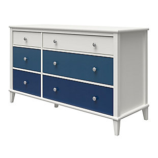No one said that teaching your child to tidy up their room would be easy, but with the Little Seeds Monarch Hill Poppy White 6 Drawer Dresser with blue drawers, clean up time can at least be a bit more fun. Made of laminated particleboard, the classic white chassis of this adorable kids’ double dresser is accented by the ombre style blue drawer fronts. We’ve also included two sets of drawer knobs with the Little Seeds Monarch Hill Poppy White 6 Drawer Dresser, so you can customize the dresser to coordinate with your personal style. Featuring durable metal drawer slides with built in stops for safety, the 6 dresser drawers offer plenty of space to hold your child’s clothing. If your little one is still in diapers, you can convert the kids’ dresser into a 6 drawer changing dresser by adding the Little Seeds Changing Table Topper (sold separately). Simply remove the topper when your child outgrows it to convert the changing dresser back to a kids’ double dresser. The Little Seeds Monarch Hill Poppy White 6 Drawer Dresser with blue drawers meets or exceeds the CPSIA Juvenile testing requirements and includes a wall anchor kit to ensure your child’s safety. Little Seeds not only creates this and many more on trend kids’ and baby furniture pieces, we also partner with the National Wildlife Federation’s Garden for Wildlife program to help save the Monarch butterfly.Made of laminated particleboard, the fun ombre style blue drawer fronts with the classic white chassis gives the kids’ dresser an updated look | Customize the look of the kids’ dresser with the 2 sets of knobs that are included | Pair the double dresser with the little seeds changing table topper (not included) to convert to a 6 drawer changing dresser and remove when your child outgrows it to convert back to a kids’ dresser | Made of laminated particleboard, the fun ombre style blue drawer fronts with the classic white chassis gives the kids’ dresser an updated look customize the look of the kids’ dresser with the 2 sets of knobs that are included pair the double dresser with the little seeds changing table topper (not included) to convert to a 6 drawer changing dresser and remove when your child outgrows it to convert back to a kids’ dresser the top surface can hold up to 75 lbs. And each of the larger drawers can support up to 35 lbs.  the smaller drawers can each support up to 15 lbs. A wall anchor kit is included to ensure your child's safety.
