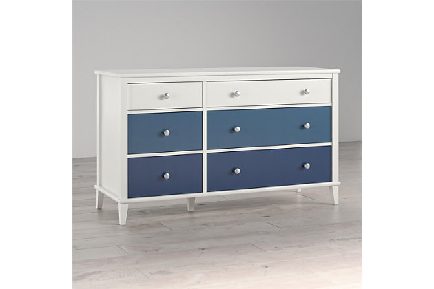 No one said that teaching your child to tidy up their room would be easy, but with the Little Seeds Monarch Hill Poppy White 6 Drawer Dresser with blue drawers, clean up time can at least be a bit more fun. Made of laminated particleboard, the classic white chassis of this adorable kids’ double dresser is accented by the ombre style blue drawer fronts. We’ve also included two sets of drawer knobs with the Little Seeds Monarch Hill Poppy White 6 Drawer Dresser, so you can customize the dresser to coordinate with your personal style. Featuring durable metal drawer slides with built in stops for safety, the 6 dresser drawers offer plenty of space to hold your child’s clothing. If your little one is still in diapers, you can convert the kids’ dresser into a 6 drawer changing dresser by adding the Little Seeds Changing Table Topper (sold separately). Simply remove the topper when your child outgrows it to convert the changing dresser back to a kids’ double dresser. The Little Seeds Monarch Hill Poppy White 6 Drawer Dresser with blue drawers meets or exceeds the CPSIA Juvenile testing requirements and includes a wall anchor kit to ensure your child’s safety. Little Seeds not only creates this and many more on trend kids’ and baby furniture pieces, we also partner with the National Wildlife Federation’s Garden for Wildlife program to help save the Monarch butterfly.Made of laminated particleboard, the fun ombre style blue drawer fronts with the classic white chassis gives the kids’ dresser an updated look | Customize the look of the kids’ dresser with the 2 sets of knobs that are included | Pair the double dresser with the little seeds changing table topper (not included) to convert to a 6 drawer changing dresser and remove when your child outgrows it to convert back to a kids’ dresser | Made of laminated particleboard, the fun ombre style blue drawer fronts with the classic white chassis gives the kids’ dresser an updated look customize the look of the kids’ dresser with the 2 sets of knobs that are included pair the double dresser with the little seeds changing table topper (not included) to convert to a 6 drawer changing dresser and remove when your child outgrows it to convert back to a kids’ dresser the top surface can hold up to 75 lbs. And each of the larger drawers can support up to 35 lbs.  the smaller drawers can each support up to 15 lbs. A wall anchor kit is included to ensure your child's safety.