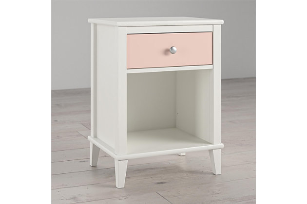 Have everything you need for bedtime in one place with the Little Seeds Monarch Hill Poppy Nightstand. Made of laminated particleboard, the classic white chassis is accented by the peach drawer front for a fun look. Two sets of drawer knobs are included so you can customize the look of the Nightstand. The durable metal drawer slides feature built in stops for safety. Place your child’s lamp and clock on the top surface and organize their favorite bed time stories in the open cubby so you have everything you need to tuck your little one in at night. The drawer is a convenient spot to store smaller items like reading glasses and writing utensils. The Nightstand meets or exceeds the CPSIA Juvenile testing requirements to ensure your child’s safety. The Nightstand ships flat to your door and requires assembly upon opening. Two adults are recommended to assemble. Once assembled, the Nightstand measures to be 26.8125”H x 19.6875”W x 15.0625”D. Little Seeds partners with the National Wildlife Federation’s Garden for Wildlife program to help save the monarch butterfly.Add a fun style to your child’s bedroom with the little seeds monarch hill poppy nightstand | Made of laminated particleboard, the peach drawer front with the classic white chassis gives the nightstand a unique look. Customize the look of the nightstand with the 2 sets of knobs that are included | Keep everything you need for bedtime organized on the top surface and lower open cubby and keep small items stored away in the drawer | Add a fun style to your child’s bedroom with the little seeds monarch hill poppy nightstand made of laminated particleboard, the peach drawer front with the classic white chassis gives the nightstand a unique look. Customize the look of the nightstand with the 2 sets of knobs that are included keep everything you need for bedtime organized on the top surface and lower open cubby and keep small items stored away in the drawer coordinate your child’s room with the entire monarch hill poppy collection (sold separately)