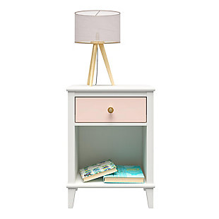 Have everything you need for bedtime in one place with the Little Seeds Monarch Hill Poppy Nightstand. Made of laminated particleboard, the classic white chassis is accented by the peach drawer front for a fun look. Two sets of drawer knobs are included so you can customize the look of the Nightstand. The durable metal drawer slides feature built in stops for safety. Place your child’s lamp and clock on the top surface and organize their favorite bed time stories in the open cubby so you have everything you need to tuck your little one in at night. The drawer is a convenient spot to store smaller items like reading glasses and writing utensils. The Nightstand meets or exceeds the CPSIA Juvenile testing requirements to ensure your child’s safety. The Nightstand ships flat to your door and requires assembly upon opening. Two adults are recommended to assemble. Once assembled, the Nightstand measures to be 26.8125”H x 19.6875”W x 15.0625”D. Little Seeds partners with the National Wildlife Federation’s Garden for Wildlife program to help save the monarch butterfly.Add a fun style to your child’s bedroom with the little seeds monarch hill poppy nightstand | Made of laminated particleboard, the peach drawer front with the classic white chassis gives the nightstand a unique look. Customize the look of the nightstand with the 2 sets of knobs that are included | Keep everything you need for bedtime organized on the top surface and lower open cubby and keep small items stored away in the drawer | Add a fun style to your child’s bedroom with the little seeds monarch hill poppy nightstand made of laminated particleboard, the peach drawer front with the classic white chassis gives the nightstand a unique look. Customize the look of the nightstand with the 2 sets of knobs that are included keep everything you need for bedtime organized on the top surface and lower open cubby and keep small items stored away in the drawer coordinate your child’s room with the entire monarch hill poppy collection (sold separately)