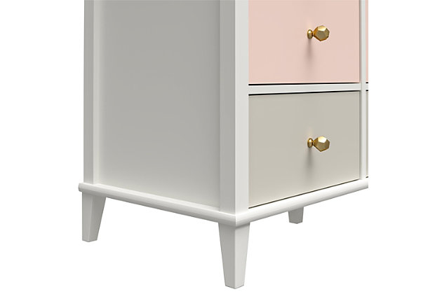 No one said that teaching your child to tidy up their room would be easy, but with the Little Seeds Monarch Hill Poppy White 6 Drawer Dresser with peach and taupe drawers, clean up time can at least be a bit more fun. Made of laminated particleboard, the classic white chassis of this adorable kids’ double dresser is accented by the ombre style peach and taupe drawer fronts. We’ve also included two sets of drawer knobs with the Little Seeds Monarch Hill Poppy White 6 Drawer Dresser, so you can customize the dresser to coordinate with your personal style. Featuring durable metal drawer slides with built in stops for safety, the 6 dresser drawers offer plenty of space to hold your child’s clothing. If your little one is still in diapers, you can convert the kids’ dresser into a 6 drawer changing dresser by adding the Little Seeds Changing Table Topper (sold separately). Simply remove the topper when your child outgrows it to convert the changing dresser back to a kids’ double dresser. The Little Seeds Monarch Hill Poppy White 6 Drawer Dresser with peach drawers meets or exceeds the CPSIA Juvenile testing requirements and includes a wall anchor kit to ensure your child’s safety. Little Seeds not only creates this and many more on trend kids’ and baby furniture pieces, we also partner with the National Wildlife Federation’s Garden for Wildlife program to help save the Monarch butterfly.Made of laminated particleboard, the fun ombre style peach and taupe drawer fronts with the classic white chassis gives the kids’ dresser an updated look | Customize the look of the kids’ dresser with the 2 sets of knobs that are included | Pair the double dresser with the little seeds changing table topper (not included) to convert to a 6 drawer changing dresser and remove when your child outgrows it to convert back to a kids’ dresser | Made of laminated particleboard, the fun ombre style peach and taupe drawer fronts with the classic white chassis gives the kids’ dresser an updated look customize the look of the kids’ dresser with the 2 sets of knobs that are included pair the double dresser with the little seeds changing table topper (not included) to convert to a 6 drawer changing dresser and remove when your child outgrows it to convert back to a kids’ dresser the top surface can hold up to 75 lbs. And each of the larger drawers can support up to 35 lbs.  the smaller drawers can each support up to 15 lbs. A wall anchor kit is included to ensure your child's safety.