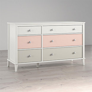 No one said that teaching your child to tidy up their room would be easy, but with the Little Seeds Monarch Hill Poppy White 6 Drawer Dresser with peach and taupe drawers, clean up time can at least be a bit more fun. Made of laminated particleboard, the classic white chassis of this adorable kids’ double dresser is accented by the ombre style peach and taupe drawer fronts. We’ve also included two sets of drawer knobs with the Little Seeds Monarch Hill Poppy White 6 Drawer Dresser, so you can customize the dresser to coordinate with your personal style. Featuring durable metal drawer slides with built in stops for safety, the 6 dresser drawers offer plenty of space to hold your child’s clothing. If your little one is still in diapers, you can convert the kids’ dresser into a 6 drawer changing dresser by adding the Little Seeds Changing Table Topper (sold separately). Simply remove the topper when your child outgrows it to convert the changing dresser back to a kids’ double dresser. The Little Seeds Monarch Hill Poppy White 6 Drawer Dresser with peach drawers meets or exceeds the CPSIA Juvenile testing requirements and includes a wall anchor kit to ensure your child’s safety. Little Seeds not only creates this and many more on trend kids’ and baby furniture pieces, we also partner with the National Wildlife Federation’s Garden for Wildlife program to help save the Monarch butterfly.Made of laminated particleboard, the fun ombre style peach and taupe drawer fronts with the classic white chassis gives the kids’ dresser an updated look | Customize the look of the kids’ dresser with the 2 sets of knobs that are included | Pair the double dresser with the little seeds changing table topper (not included) to convert to a 6 drawer changing dresser and remove when your child outgrows it to convert back to a kids’ dresser | Made of laminated particleboard, the fun ombre style peach and taupe drawer fronts with the classic white chassis gives the kids’ dresser an updated look customize the look of the kids’ dresser with the 2 sets of knobs that are included pair the double dresser with the little seeds changing table topper (not included) to convert to a 6 drawer changing dresser and remove when your child outgrows it to convert back to a kids’ dresser the top surface can hold up to 75 lbs. And each of the larger drawers can support up to 35 lbs.  the smaller drawers can each support up to 15 lbs. A wall anchor kit is included to ensure your child's safety.