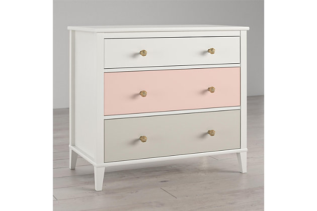 No one said that teaching your child to tidy up their room would be easy, but with the Little Seeds Monarch Hill Poppy White 3 Drawer Dresser with peach and taupe drawers, clean up time can at least be a bit more fun. Made of laminated particleboard, the classic white chassis of this adorable kids’ dresser is accented by the ombre style peach and taupe drawer fronts. We’ve also included two sets of drawer knobs with the Little Seeds Monarch Hill Poppy White 3 Drawer Dresser, so you can customize the dresser to coordinate with your personal style. Featuring durable metal drawer slides with built in stops for safety, the 3 dresser drawers offer plenty of space to hold your child’s clothing. If your little one is still in diapers, you can convert the kids’ dresser into a 3 drawer changing dresser by adding the Little Seeds Changing Table Topper (sold separately). Simply remove the topper when your child outgrows it to convert the changing dresser back to a kids’ dresser. The Little Seeds Monarch Hill Poppy White 3 Drawer Dresser with peach drawers meets or exceeds the CPSIA Juvenile testing requirements and includes a wall anchor kit to ensure your child’s safety. Little Seeds not only creates this and many more on trend kids’ and baby furniture pieces, we also partner with the National Wildlife Federation’s Garden for Wildlife program to help save the Monarch butterfly.Made of laminated particleboard, the fun ombre style peach and taupe drawer fronts with the classic white chassis gives the kids’ dresser an updated look | Customize the look of the kids’ dresser with the 2 sets of knobs that are included | Pair the kids’ dresser with the little seeds changing table topper (not included) to convert to a 3 drawer changing dresser and remove when your child outgrows it to convert back to a kids’ dresser | Made of laminated particleboard, the fun ombre style peach and taupe drawer fronts with the classic white chassis gives the kids’ dresser an updated look customize the look of the kids’ dresser with the 2 sets of knobs that are included pair the kids’ dresser with the little seeds changing table topper (not included) to convert to a 3 drawer changing dresser and remove when your child outgrows it to convert back to a kids’ dresser the top surface can hold up to 50 lbs. And each drawer can support up to 35 lbs.  a wall anchor kit is included to ensure your child's safety