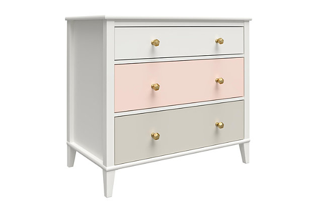No one said that teaching your child to tidy up their room would be easy, but with the Little Seeds Monarch Hill Poppy White 3 Drawer Dresser with peach and taupe drawers, clean up time can at least be a bit more fun. Made of laminated particleboard, the classic white chassis of this adorable kids’ dresser is accented by the ombre style peach and taupe drawer fronts. We’ve also included two sets of drawer knobs with the Little Seeds Monarch Hill Poppy White 3 Drawer Dresser, so you can customize the dresser to coordinate with your personal style. Featuring durable metal drawer slides with built in stops for safety, the 3 dresser drawers offer plenty of space to hold your child’s clothing. If your little one is still in diapers, you can convert the kids’ dresser into a 3 drawer changing dresser by adding the Little Seeds Changing Table Topper (sold separately). Simply remove the topper when your child outgrows it to convert the changing dresser back to a kids’ dresser. The Little Seeds Monarch Hill Poppy White 3 Drawer Dresser with peach drawers meets or exceeds the CPSIA Juvenile testing requirements and includes a wall anchor kit to ensure your child’s safety. Little Seeds not only creates this and many more on trend kids’ and baby furniture pieces, we also partner with the National Wildlife Federation’s Garden for Wildlife program to help save the Monarch butterfly.Made of laminated particleboard, the fun ombre style peach and taupe drawer fronts with the classic white chassis gives the kids’ dresser an updated look | Customize the look of the kids’ dresser with the 2 sets of knobs that are included | Pair the kids’ dresser with the little seeds changing table topper (not included) to convert to a 3 drawer changing dresser and remove when your child outgrows it to convert back to a kids’ dresser | Made of laminated particleboard, the fun ombre style peach and taupe drawer fronts with the classic white chassis gives the kids’ dresser an updated look customize the look of the kids’ dresser with the 2 sets of knobs that are included pair the kids’ dresser with the little seeds changing table topper (not included) to convert to a 3 drawer changing dresser and remove when your child outgrows it to convert back to a kids’ dresser the top surface can hold up to 50 lbs. And each drawer can support up to 35 lbs.  a wall anchor kit is included to ensure your child's safety