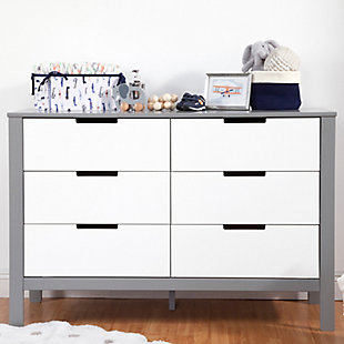 Changing station now. Big-kid dresser later. The Colby 6-drawer dresser is designed so you can add a convenient changing tray during the baby years. This 6-drawer dresser masters a minimalist look with open finger pulls and a streamlined, modern aesthetic. So nice to have in the nursery, it’s got a sophisticated style that’ll work wonders in the bedroom as your little one grows. Coordinates with the Colby crib and Colby 3-drawer dresser.Made of sustainable wood and engineered wood | Open finger drawer pulls | Metal drawer glides with stop mechanisms for added safety; anti-tip kit included | Exceeds astm and cpsc safety standards | Finished in non-toxic, multi-step painting process; lead and phthalate safe | Changing tray sold separately | Assembly required