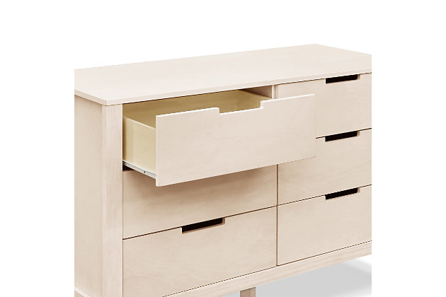 The Carter’s Colby 6-Drawer Dresser features six spacious drawers with open finger pulls and a streamlined, modern look. Coordinates with the Carter’s Colby Crib and Colby 3-Drawer Dresser.DURABILITY: 6 spacious drawers that can hold all the adorable baby clothes, blanket, and more. We've built this dresser with features like additional corner blocks to make it sturdier and long-lasting | VERSATILE DESIGN: Changing station now. Big kid dresser later! This dresser is designed so that you can add a DaVinci changing tray (#M0619) to use as a convenient changing station during the baby years. | SMOOTH GLIDE: Euro drawer glides make opening the drawers easy even when your hands are full with your baby | EASY ASSEMBLY: We've done the hardest part for you! Drawer glides come pre-assembled so that you can put your dresser together more quickly and start enjoying your nursery sooner | QUALITY MATERIAL: Made of solid sustainable New Zealand pinewood and TSCA compliant engineered wood -only the best for your baby | FOR YOUR BABY'S SAFETY: Say goodbye to toxic chemicals! Finished in a non-toxic multi-step painting process and lead and phthalate safe. Rest assured knowing it meets or exceeds ASTM International and U.S. CPSC safety standards. Stop mechanism and anti-tip kit included for additional safety | Assembly required