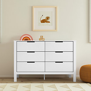 Changing station now. Big-kid dresser later. The Colby 6-drawer dresser is designed so you can add a convenient changing tray during the baby years. This 6-drawer dresser masters a minimalist look with open finger pulls and a streamlined, modern aesthetic. So nice to have in the nursery, it’s got a sophisticated style that’ll work wonders in the bedroom as your little one grows. Coordinates with the Colby crib and Colby 3-drawer dresser.Made of sustainable wood and engineered wood | Open finger drawer pulls | Metal drawer glides with stop mechanisms for added safety; anti-tip kit included | Exceeds ASTM and CPSC safety standards | Finished in non-toxic, multi-step painting process; lead and phthalate safe | Changing tray sold separately | Assembly required