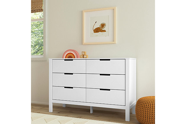 Changing station now. Big-kid dresser later. The Colby 6-drawer dresser is designed so you can add a convenient changing tray during the baby years. This 6-drawer dresser masters a minimalist look with open finger pulls and a streamlined, modern aesthetic. So nice to have in the nursery, it’s got a sophisticated style that’ll work wonders in the bedroom as your little one grows. Coordinates with the Colby crib and Colby 3-drawer dresser.Made of sustainable wood and engineered wood | Open finger drawer pulls | Metal drawer glides with stop mechanisms for added safety; anti-tip kit included | Exceeds ASTM and CPSC safety standards | Finished in non-toxic, multi-step painting process; lead and phthalate safe | Changing tray sold separately | Assembly required