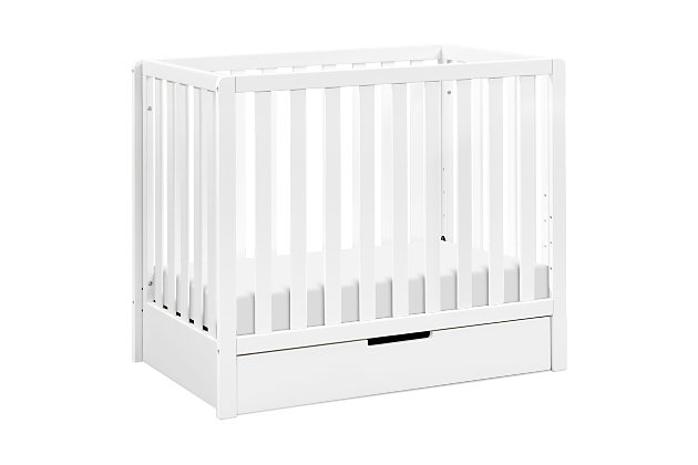 The Colby convertible mini crib with trundle drawer merges contemporary flair, durability and reliability. Mirroring the modern design of the Colby 4-in-1 convertible crib with trundle drawer, the Colby mini crib features clean lines and lifetime functionality in a space-efficient design. Four mattress levels allow you to adjust the mattress height as your baby begins to sit and stand. Beyond the nursery years, the Colby mini crib conveniently becomes a beautiful mini toddler bed, daybed and twin-size bed. It coordinates with the Colby 3-drawer and 6-drawer dressers for a beautifully equipped ensemble.Made of sustainable wood and engineered wood | Finished in a non-toxic multi-step painting process; lead and phthalate safe | Exceeds astm and cpsc safety standards | Greenguard gold certified; tested for over 10,000 chemicals | 4 adjustable mattress positions to accommodate your growing baby | Fits standard size crib mattress (sold separately) | Easily converts to mini toddler bed, day bed and twin-size bed | Mini toddler bed conversion kit (m20399) and twin-size bed conversion kit (m5789) sold separately | Assembly required