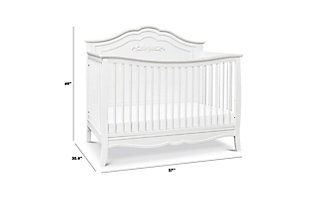 The Fiona 4-in-1 Convertible Crib is the perfect centerpiece for your little one's dream nursery. The curved headboard, beautiful floral applique, and delicate spindles give this crib just the right amount of feminine touch.  Four mattress levels allow you to adjust the mattress height as your baby begins to sit and stand. The crib easily converts to a toddler bed, daybed and full-size bed for use long past the nursery years. It coordinates with the Kalani 3-drawer dresser and 6-drawer dresser for a sweetly styled ensemble.Made of sustainable wood and engineered wood | Mattress platform offers four adjustable height options to accommodate your growing baby | Greenguard gold certified; tested for over 10,000 chemicals | Converts to toddler bed, daybed and full-size bed | Finished in a non-toxic multi-step painting process; lead and phthalate safe | Exceeds astm and cpsc safety standards | Toddler bed conversion kit (m12599) and full-size bed conversion kit (m5789) sold separately | Fits standard size crib mattress (sold separately) | Assembly required