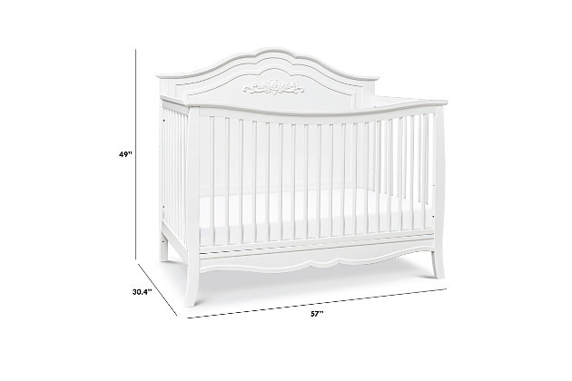 The Fiona 4-in-1 Convertible Crib is the perfect centerpiece for your little one's dream nursery. The curved headboard, beautiful floral applique, and delicate spindles give this crib just the right amount of feminine touch.  Four mattress levels allow you to adjust the mattress height as your baby begins to sit and stand. The crib easily converts to a toddler bed, daybed and full-size bed for use long past the nursery years. It coordinates with the Kalani 3-drawer dresser and 6-drawer dresser for a sweetly styled ensemble.Made of sustainable wood and engineered wood | Mattress platform offers four adjustable height options to accommodate your growing baby | Greenguard gold certified; tested for over 10,000 chemicals | Converts to toddler bed, daybed and full-size bed | Finished in a non-toxic multi-step painting process; lead and phthalate safe | Exceeds astm and cpsc safety standards | Toddler bed conversion kit (m12599) and full-size bed conversion kit (m5789) sold separately | Fits standard size crib mattress (sold separately) | Assembly required