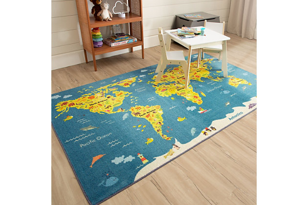 This vibrant, cut pile polyester rug features a colorful map of our beloved Mother Earth. It's delightfully decorated with cute cartoon animals to represent each region of the world. Thoughtfully crafted in the U.S.A. in small batches utilizing Mohawk Homes exclusive Precision Dye Injected Printer, the Prismatic Collection is redefining printed rugs, literally one original design at a time. Designed on a plush EverStrand woven base, each style in this collection features superior strength stain resistance and a cozy soft touch. Consciously created with EverStrand yarn, Mohawk Homes exclusive premium recycled polyester produced from post-consumer plastic water bottles, this collection offers environmentally friendly options that are as easy on the eyes as they are the world around us.Kids/Tween Collection | Printed Area Rug | Made in the USA | 100% EverStrand