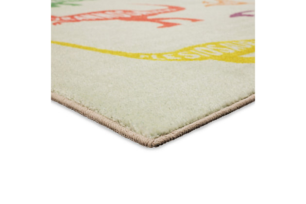 Teach your little one some dino vocab with the whimsical multicolored design of Mohawk Homes Dinosaurs Area Rug! When it comes to color, the sky is no longer the limit with the infinite possibilities of Mohawk Homes revolutionary Prismatic Collection. Thoughtfully crafted in the U.S.A. in small batches utilizing Mohawk Homes exclusive Precision Dye Injected Printer, the Prismatic Collection is redefining printed rugs, literally one original design at a time. Designed on a plush EverStrand woven base, each style in this collection features superior strength stain resistance and a cozy soft touch. Consciously created with EverStrand yarn, Mohawk Homes exclusive premium recycled polyester produced from post-consumer plastic water bottles, this collection offers environmentally friendly options that are as easy on the eyes as they are the world around us.Kids/Tween Collection | Printed Area Rug | Made in the USA | 100% EverStrand