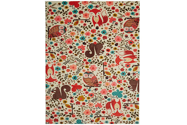 Friendly foxes, owls, squirrels, ladybugs, butterflies, birds and bumble bees play alongside fresh florals in the whimsical multicolored design of Mohawk Homes Enchanted Forest Area Rug. Available in 5x8, 8x10, and 10x14, this area rug is ideal for kids spaces, bedrooms, nurseries, playrooms, classrooms and more. Reenergize your space with radiant color and original artwork digitally constructed over a plush canvas of Mohawk Homes exclusive ecofriendly EverStrand, a premium synthetic yarn created from post-consumer recycled plastic bottles. The rugs of the Prismatic Collection prove you don't have to sacrifice style for sustainability. While EverStrand is renowned for its softness, this silky yarn also offers superior strength stain resistance, illustrious fade resistant color clarity and dependable durability ideal for high traffic spaces with kids and pets. Keep your new rug and the flooring beneath looking their best with an essential all-surface, earth conscious rug pad, crafted of 100% recycled fibers and certified Green Label Plus by The Carpet & Rug Institute!Kids/Tween Collection | Printed Area Rug | Made in the USA | 100% EverStrand