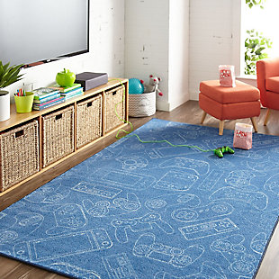 For the ultimate gamer, Mohawk Homes In Control Area Rug in Denim Blue is a win! When it comes to color, the sky is no longer the limit with the infinite possibilities of Mohawk Homes revolutionary Prismatic Collection. Thoughtfully crafted in the U.S.A. in small batches utilizing Mohawk Homes exclusive Precision Dye Injected Printer, the Prismatic Collection is redefining printed rugs, literally one original design at a time. Designed on a plush EverStrand woven base, each style in this collection features superior strength stain resistance and a cozy soft touch. Consciously created with EverStrand yarn, Mohawk Homes exclusive premium recycled polyester produced from post-consumer plastic water bottles, this collection offers environmentally friendly options that are as easy on the eyes as they are the world around us.Kids/Tween Collection | Printed Area Rug | Made in the USA | 100% EverStrand
