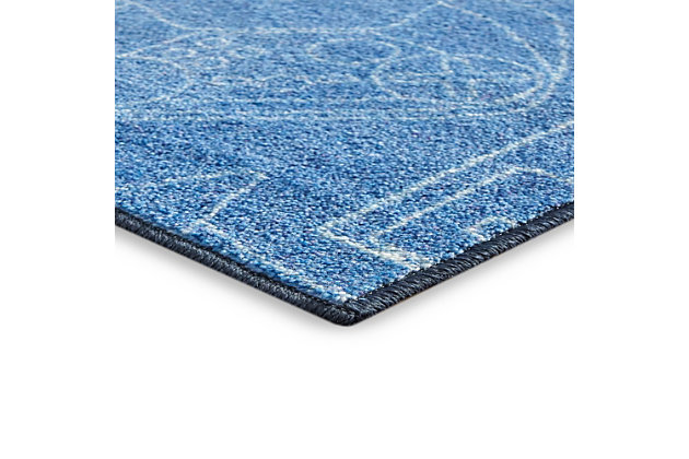 For the ultimate gamer, Mohawk Homes In Control Area Rug in Denim Blue is a win! When it comes to color, the sky is no longer the limit with the infinite possibilities of Mohawk Homes revolutionary Prismatic Collection. Thoughtfully crafted in the U.S.A. in small batches utilizing Mohawk Homes exclusive Precision Dye Injected Printer, the Prismatic Collection is redefining printed rugs, literally one original design at a time. Designed on a plush EverStrand woven base, each style in this collection features superior strength stain resistance and a cozy soft touch. Consciously created with EverStrand yarn, Mohawk Homes exclusive premium recycled polyester produced from post-consumer plastic water bottles, this collection offers environmentally friendly options that are as easy on the eyes as they are the world around us.Kids/Tween Collection | Printed Area Rug | Made in the USA | 100% EverStrand
