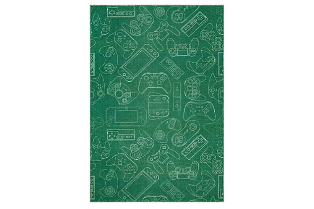 For the ultimate gamer, Mohawk Homes In Control Area Rug in Green is a win! When it comes to color, the sky is no longer the limit with the infinite possibilities of Mohawk Homes revolutionary Prismatic Collection. Thoughtfully crafted in the U.S.A. in small batches utilizing Mohawk Homes exclusive Precision Dye Injected Printer, the Prismatic Collection is redefining printed rugs, literally one original design at a time. Designed on a plush EverStrand woven base, each style in this collection features superior strength stain resistance and a cozy soft touch. Consciously created with EverStrand yarn, Mohawk Homes exclusive premium recycled polyester produced from post-consumer plastic water bottles, this collection offers environmentally friendly options that are as easy on the eyes as they are the world around us.Kids/Tween Collection | Printed Area Rug | Made in the USA | 100% EverStrand