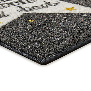 A contemporary star motif says it all in the modern design of Mohawk Homes To the Moon Area Rug in Black and White. When it comes to color, the sky is no longer the limit with the infinite possibilities of Mohawk Homes revolutionary Prismatic Collection. Thoughtfully crafted in the U.S.A. in small batches utilizing Mohawk Homes exclusive Precision Dye Injected Printer, the Prismatic Collection is redefining printed rugs, literally one original design at a time. Designed on a plush EverStrand woven base, each style in this collection features superior strength stain resistance and a cozy soft touch. Consciously created with EverStrand yarn, Mohawk Homes exclusive premium recycled polyester produced from post-consumer plastic water bottles, this collection offers environmentally friendly options that are as easy on the eyes as they are the world around us.Kids/Tween Collection | Printed Area Rug | Made in the USA | 100% EverStrand
