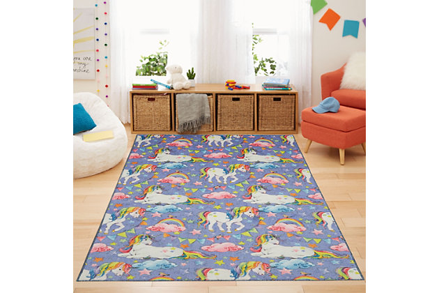This intricate purple area rug is a delightful addition to any contemporary decor. Made of Precision Dye Injected EverStrand fiber fabric, this rug is the perfect blend of pleasant patterns and fine texture.Kids/Tween Collection | Printed Area Rug | Made in the USA | 100% EverStrand