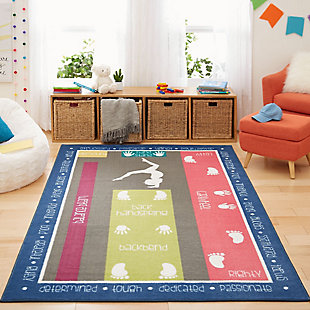 Give your tumbler a place to practice with this gymnastics themed rug from Mohawk. Part of our Kids Interactive collection, this one was created with our premium Wear-Dated nylon fiber for a soft touch and dependable durability. The fiber utilized in the design of this product has been performance-tested to meet strict standards of durability and stain resistance, for a quality you can trust!Kids/Tween Collection | Printed Area Rug | Made in the USA | 100% Nylon