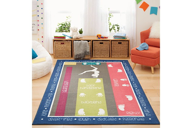 Give your tumbler a place to practice with this gymnastics themed rug from Mohawk. Part of our Kids Interactive collection, this one was created with our premium Wear-Dated nylon fiber for a soft touch and dependable durability. The fiber utilized in the design of this product has been performance-tested to meet strict standards of durability and stain resistance, for a quality you can trust!Kids/Tween Collection | Printed Area Rug | Made in the USA | 100% Nylon