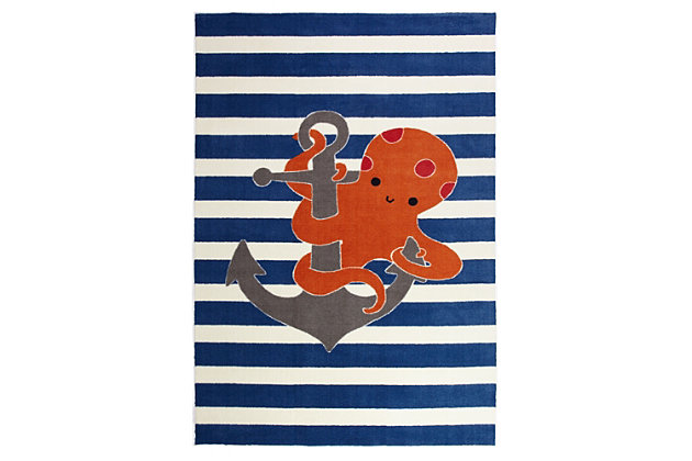 Friendly and fun, this little guy sits wrapped around an anchor in a nautical inspired motif. Part of our Kids Interactive collection, this one was created with our premium Wear-Dated nylon fiber for a soft touch and dependable durability. The fiber utilized in the design of this product has been performance-tested to meet strict standards of durability and stain resistance, for a quality you can trust!Kids/Tween Collection | Printed Area Rug | Made in the USA | 100% Nylon