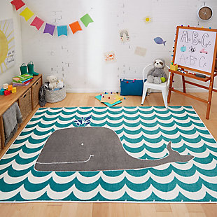 Cool teal wave stripes cascade behind this whimsical whale in our Oh Whale area rug from Mohawk! Part of our Kids Interactive collection, this one was created with our premium Wear-Dated nylon fiber for a soft touch and dependable durability. The fiber utilized in the design of this product has been performance-tested to meet strict standards of durability and stain resistance, for a quality you can trust!Kids/Tween Collection | Printed Area Rug | Made in the USA | 100% Nylon