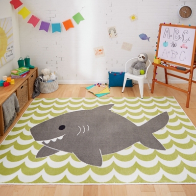 Mohawk Aurora Kids Smiling Shark Lime Green 5' x 8' Area Rug, , rollover