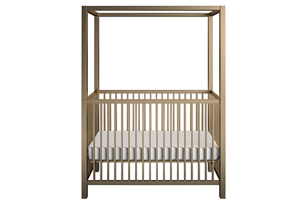 Give your little dreamer the royal treatment without the royal expense with The Little Seeds Monarch Hill Haven goldtone metal canopy crib. The crib adjusts to three different mattress heights, giving your little one time for more sweet dreams in this palatial crib before it’s time to graduate to a toddler bed. With its elegant metal frame, luxe goldtone powder coating, and option to add a decorative canopy of your choice, this canopy crib will become the crown jewel of your little royal’s nursery decor.Made of metal; powdercoated frame with nontoxic gold finish | Features 3 adjustable mattress heights for your growing child; prevents sagging to prolong the life of the mattress | Fits standard-size crib mattress (not included) | Decorative canopy sold separately | 1-year limited warranty | Meets or exceeds cpsia juvenile testing requirements | Assembly required
