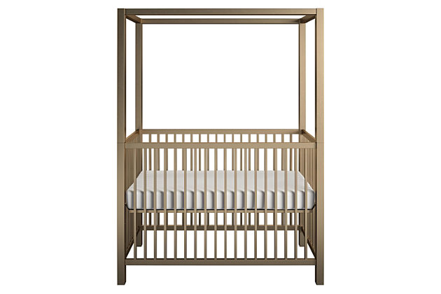 Give your little dreamer the royal treatment without the royal expense with The Little Seeds Monarch Hill Haven goldtone metal canopy crib. The crib adjusts to three different mattress heights, giving your little one time for more sweet dreams in this palatial crib before it’s time to graduate to a toddler bed. With its elegant metal frame, luxe goldtone powder coating, and option to add a decorative canopy of your choice, this canopy crib will become the crown jewel of your little royal’s nursery decor.Made of metal; powdercoated frame with nontoxic gold finish | Features 3 adjustable mattress heights for your growing child; prevents sagging to prolong the life of the mattress | Fits standard-size crib mattress (not included) | Decorative canopy sold separately | 1-year limited warranty | Meets or exceeds cpsia juvenile testing requirements | Assembly required