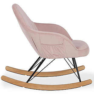 The Little Seeds Monarch Hill Dahlia upholstered nursery rocker is the perfect rocking chair for creating cherished memories as you sway peacefully with your child in your arms. Beautifully upholstered in easy-to-clean pink velvet, this sturdy rocking chair features diamond-tufted detailing on the chair back. Side pockets are perfect for storing favorite bedtime books or other tiny treasures. The mid-century modern design of this rocking chair blends seamlessly with any kids room or nursery decor, making this lovely piece a permanent part of your child’s room as they grow. This is the trendy yet oh-so-comfortable nursery chair that you’ve been searching for.Made of engineered wood, metal and velvet | Large contoured back; metal legs with  wooden base rocker;  diamond-tufted detailing on seat back | Upholstered in durable, easy-to-clean fabric | 2 convenient side pockets for easy storage | Rock, feed, soothe or relax your baby in comfort and style | Ships in one box | Quick and easy assembly | 1-year limited warranty