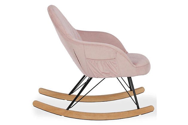 The Little Seeds Monarch Hill Dahlia upholstered nursery rocker is the perfect rocking chair for creating cherished memories as you sway peacefully with your child in your arms. Beautifully upholstered in easy-to-clean pink velvet, this sturdy rocking chair features diamond-tufted detailing on the chair back. Side pockets are perfect for storing favorite bedtime books or other tiny treasures. The mid-century modern design of this rocking chair blends seamlessly with any kids room or nursery decor, making this lovely piece a permanent part of your child’s room as they grow. This is the trendy yet oh-so-comfortable nursery chair that you’ve been searching for.Made of engineered wood, metal and velvet | Large contoured back; metal legs with  wooden base rocker;  diamond-tufted detailing on seat back | Upholstered in durable, easy-to-clean fabric | 2 convenient side pockets for easy storage | Rock, feed, soothe or relax your baby in comfort and style | Ships in one box | Quick and easy assembly | 1-year limited warranty