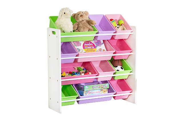 Your precarious 3-year-old is always cooking up new ways to arrange her collection of play food. That’s when you serve up your storage idea du jour: this Kids Toy Room Organizer with Totes. So much more than a toy chest with shelves, it declutters every kids’ room with its 12 removable plastic bins that vary in size but not durability. Their rounded corners make them play safe, fail safe and faux food safe. And if roasting plastic chicken drummies isn’t your bag, use the toy storage bins to organize an array of grown-up items too, including socks, crafts supplies and real kitchen utensils.Includes 12 plastic toy totes that measure 5 inches deep | Ideal for playroom, kids’ room, and bedroom toy storage | Encourages kids to organize small toys, books, clothing and more | Quick and easy cleaning surfaces are durable and stain resistant