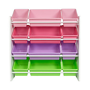 Your precarious 3-year-old is always cooking up new ways to arrange her collection of play food. That’s when you serve up your storage idea du jour: this Kids Toy Room Organizer with Totes. So much more than a toy chest with shelves, it declutters every kids’ room with its 12 removable plastic bins that vary in size but not durability. Their rounded corners make them play safe, fail safe and faux food safe. And if roasting plastic chicken drummies isn’t your bag, use the toy storage bins to organize an array of grown-up items too, including socks, crafts supplies and real kitchen utensils.Includes 12 plastic toy totes that measure 5 inches deep | Ideal for playroom, kids’ room, and bedroom toy storage | Encourages kids to organize small toys, books, clothing and more | Quick and easy cleaning surfaces are durable and stain resistant