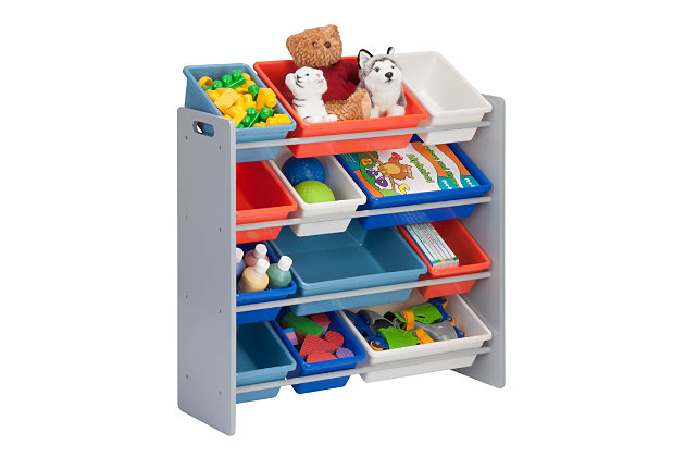 Your precarious 3-year-old is always cooking up new ways to arrange her collection of play food. That’s when you serve up your storage idea du jour: this Kids Toy Room Organizer with Totes. So much more than a toy chest with shelves, it declutters every kids’ room with its 12 removable plastic bins that vary in size but not durability. Their rounded corners make them play safe, fail safe and faux food safe. And if roasting plastic chicken drummies isn’t your bag, use the toy storage bins to organize an array of grown-up items too, including socks, crafts supplies and real kitchen utensils.Includes 12 plastic toy totes that measure 5 inches deep | Ideal for playroom, kids’ room and bedroom toy storage | Encourages kids to organize small toys, books, clothing and more | Quick and easy cleaning surfaces are durable and stain resistant