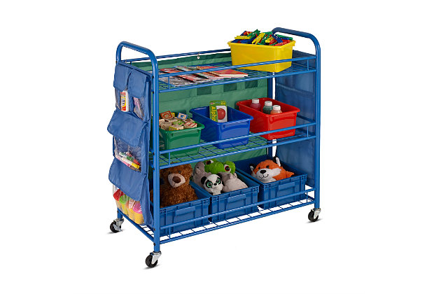 Teachers *love* this bright blue cart for so many reasons. Its three tiers have ample room for storing and organizing school and craft supplies. The color-coded bins help kids learn colors as they straighten up, while the blue bins are roomy enough for larger items like building blocks and science textbooks. Anything stashed in the rolling cart’s side pockets is easy to see through the clear plastic. And if you spin the cart around, on the back hangs a place to display flash cards, color charts, or grocery receipts. The locking wheels mean you can roll it from one room to the other and keep it from rolling away.Color-coded bins for organization | Clear side pockets to easily see what’s stashed inside | Rolls wherever you need it to go and wheels lock for stability | Assembly tools and instructions included