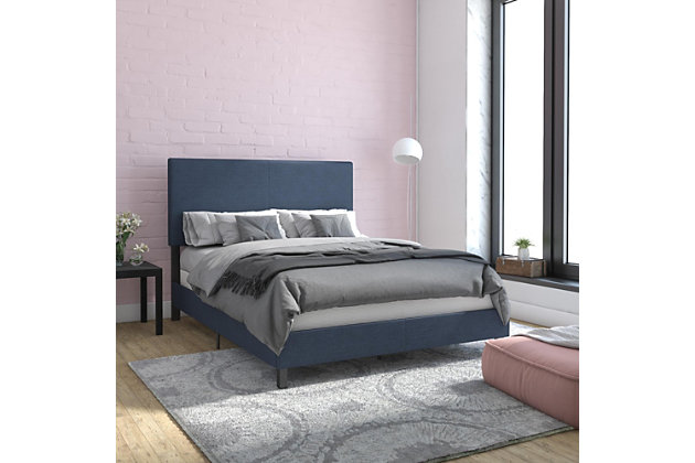 The concept of "less is more" perfectly portrays the Atwater Living Jazmine Upholstered Bed. This chic and sophisticated minimalistic bed features a solid headboard and premium upholstery for a touch of luxury, making it a great complement to any bedroom. The sturdy wood/metal frame and center legs for added support offer restful sleep in your blissful retreat.Includes upholstered headboard, metal/wood frame, center legs | Metal/wood frame | Navy linen upholstery | Foam cushioning | Center legs for added support | Foundation/box spring required, sold separately | Assembly required