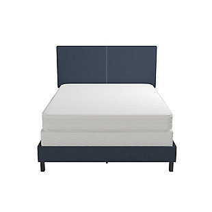 The concept of "less is more" perfectly portrays the Atwater Living Jazmine Upholstered Bed. This chic and sophisticated minimalistic bed features a solid headboard and premium upholstery for a touch of luxury, making it a great complement to any bedroom. The sturdy wood/metal frame and center legs for added support offer restful sleep in your blissful retreat.Includes upholstered headboard, metal/wood frame, center legs | Metal/wood frame | Navy linen upholstery | Foam cushioning | Center legs for added support | Foundation/box spring required, sold separately | Assembly required