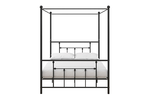 The Atwater Living Maisie Canopy Bed makes a fashion-forward statement in your bedroom with its stylish design. Constructed with elegant finial detailing, you'll instantly transform the look of your room with this canopy bed. It features a metal slat support system that guarantees long-lasting support and durability, making it the perfect addition to your master bedroom, guest bedroom or teen's bedroom. Get ready to wake up feeling refreshed every morning.Includes metal frame and slats | Made of metal with black finish | Metal slat system provides great ventilation; slats allow air to pass freely beneath your bed, keeping your mattress fresher longer while providing support and durability | Modern design with victorian-style finial detailing | Perfect for your master bedroom, guest bedroom or teen's bedroom | Additional foundation not required | Easy assembly