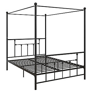 The Atwater Living Maisie Canopy Bed makes a fashion-forward statement in your bedroom with its stylish design. Constructed with elegant finial detailing, you'll instantly transform the look of your room with this canopy bed. It features a metal slat support system that guarantees long-lasting support and durability, making it the perfect addition to your master bedroom, guest bedroom or teen's bedroom. Get ready to wake up feeling refreshed every morning.Includes metal frame and slats | Made of metal with black finish | Metal slat system provides great ventilation; slats allow air to pass freely beneath your bed, keeping your mattress fresher longer while providing support and durability | Modern design with victorian-style finial detailing | Perfect for your master bedroom, guest bedroom or teen's bedroom | Additional foundation not required | Easy assembly