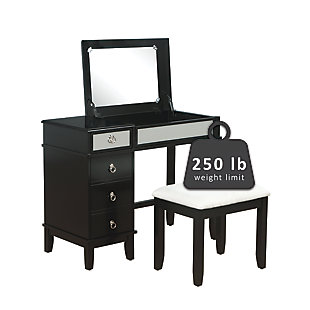 This chic vanity set in black with a mirrored front embodies the holy trinity of style, storage, and functionality. The desk top flips open on soft close hinges to reveal an oversized 19.75” x 13.5” mirror, while the front panel folds down into the perfect work station for a laptop or keyboard. A drawer on the top left side sits above a large storage cabinet with an adjustable shelf. The set also includes a matching vanity bench with a padded cushion adorned with white polyester linen look fabric that has a hint of silver thread running interwoven.Top panel opens to reveal oversized 19.75” x 13.5” mirror and extra storage space | Magnetized front panel folds down to make the perfect workspace for a laptop or keyboard | A drawer and large storage cabinet with adjustable shelf offer ample storage | Convenient cable management in back panel helps to avoid tangling | Multiple configurations to fit the needs of your day | Matching vanity bench with padded seat | Soft close hinges allow for safe and smooth open and close | Supports up to 250 lbs. | Assembly required