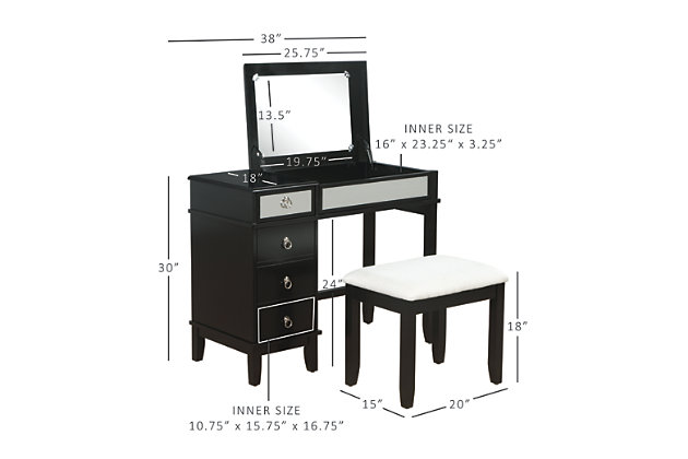 This chic vanity set in black with a mirrored front embodies the holy trinity of style, storage, and functionality. The desk top flips open on soft close hinges to reveal an oversized 19.75” x 13.5” mirror, while the front panel folds down into the perfect work station for a laptop or keyboard. A drawer on the top left side sits above a large storage cabinet with an adjustable shelf. The set also includes a matching vanity bench with a padded cushion adorned with white polyester linen look fabric that has a hint of silver thread running interwoven.Top panel opens to reveal oversized 19.75” x 13.5” mirror and extra storage space
 | Magnetized front panel folds down to make the perfect workspace for a laptop or keyboard | A drawer and large storage cabinet with adjustable shelf offer ample storage | Convenient cable management in back panel helps to avoid tangling 
 | Multiple configurations to fit the needs of your day | Matching vanity bench with padded seat 
 | Soft close hinges allow for safe and smooth open and close | Supports up to 250 lbs. | Assembly required