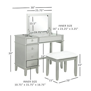 This chic vanity set in silver with a mirrored front embodies the holy trinity of style, storage, and functionality. The desk top flips open on soft close hinges to reveal an oversized 19.75” x 13.5” mirror, while the front panel folds down into the perfect work station for a laptop or keyboard. A drawer on the top left side sits above a large storage cabinet with an adjustable shelf. The set also includes a matching vanity bench with a padded cushion adorned with white polyester linen look fabric that has a hint of silver thread running interwoven.Top panel opens to reveal oversized 19.75” x 13.5” mirror and extra storage space | Magnetized front panel folds down to make the perfect workspace for a laptop or keyboard | A drawer and large storage cabinet with adjustable shelf offer ample storage | Convenient cable management in back panel helps to avoid tangling | Multiple configurations to fit the needs of your day | Matching vanity bench with padded seat | Soft close hinges allow for safe and smooth open and close | Supports up to 250 lbs. | Assembly required