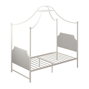 When the time has come to consider big girl beds for your growing little princess, let the Little Seeds Monarch Hill Clementine white metal canopy bed be your ultimate choice. With its sturdy white-coated canopy bed frame and white linen upholstered head and footboards, this bed will become the elegant focal piece of your little royal’s bedroom for years to come. The metal sides of the canopy bedframe offer stability, while a center metal rail adds additional support, giving your little one a safe and beautiful place to rest their royal head at night.Made with metal and engineered wood | Linen upholstered headboard and footboard | Metal side rails for guaranteed stability and durability | White finish | Does not require additional box spring or foundation;  mattress not included | Ships in 1 box | Assembly required