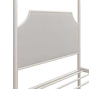 When the time has come to consider big girl beds for your growing little princess, let the Little Seeds Monarch Hill Clementine white metal canopy bed be your ultimate choice. With its sturdy white-coated canopy bed frame and white linen upholstered head and footboards, this bed will become the elegant focal piece of your little royal’s bedroom for years to come. The metal sides of the canopy bedframe offer stability, while a center metal rail adds additional support, giving your little one a safe and beautiful place to rest their royal head at night.Made with metal and engineered wood | Linen upholstered headboard and footboard | Metal side rails for guaranteed stability and durability | White finish | Does not require additional box spring or foundation;  mattress not included | Ships in 1 box | Assembly required