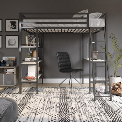 Nova Twin Metal Loft Bed with Desk and Shelves, Gray